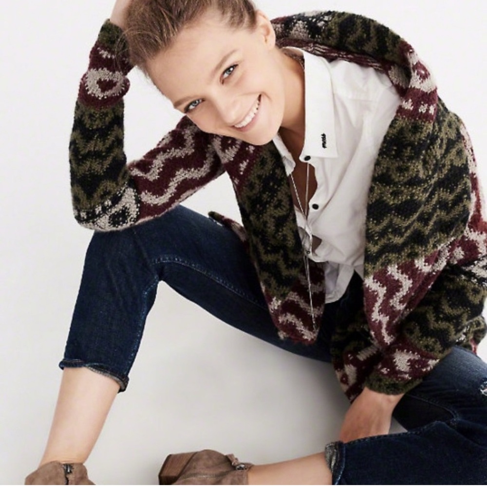 Abercrombie and Fitz knit wool hooded cardigan sweater tribal multicolor Sz M